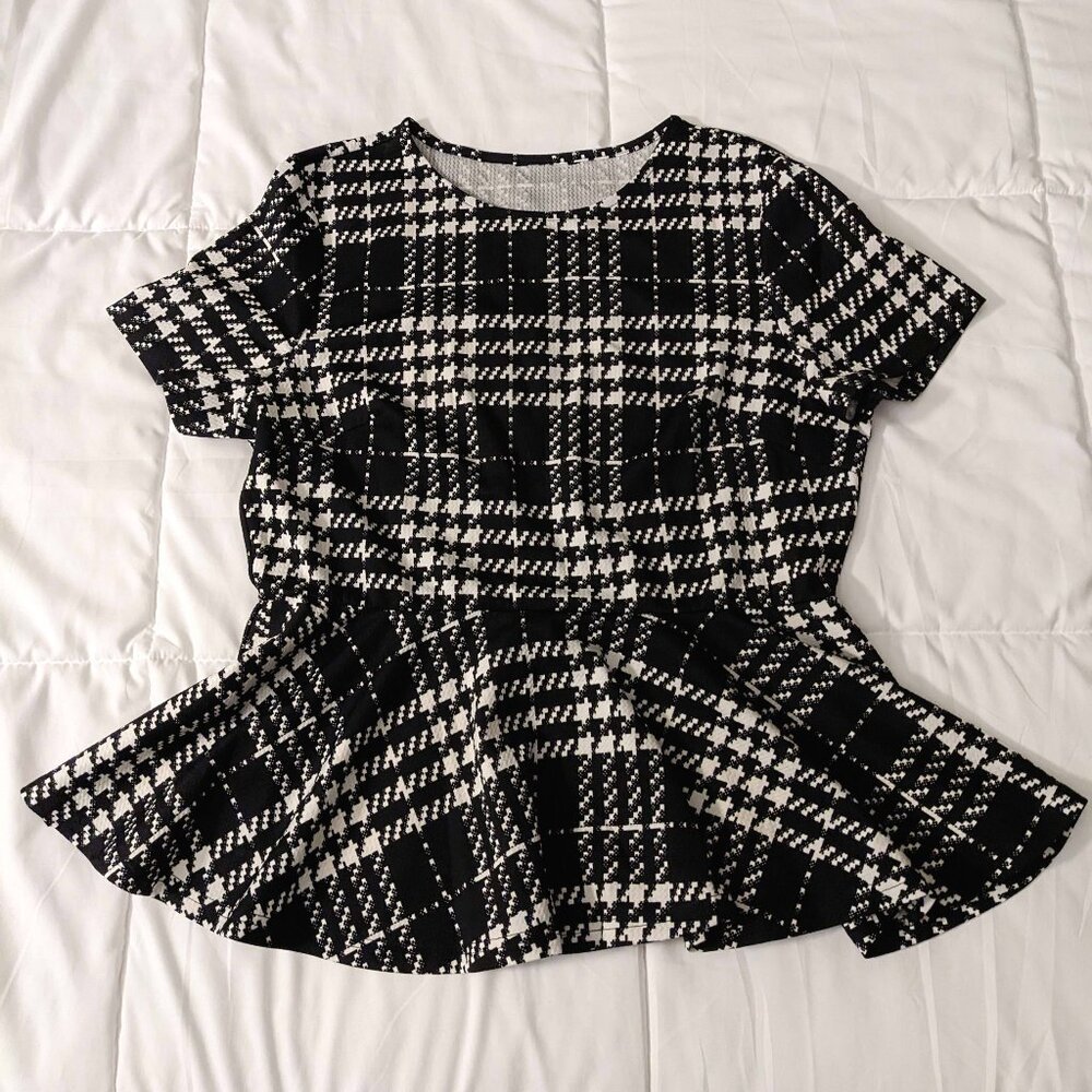 Houndstooth Plaid Peplum Top, Plus Size, 2XL / 1XL